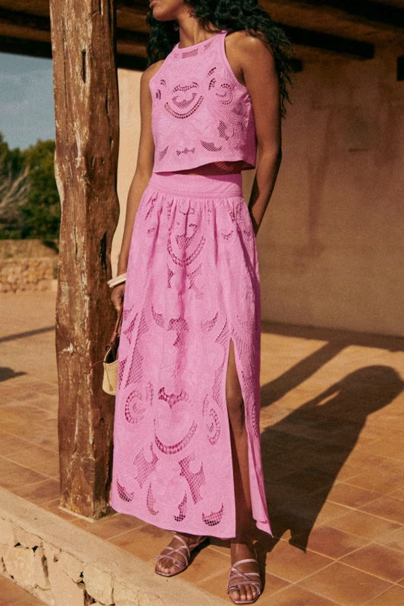 Vacation Hollow Out Slit Embroidery O Neck Sleeveless Two Pieces