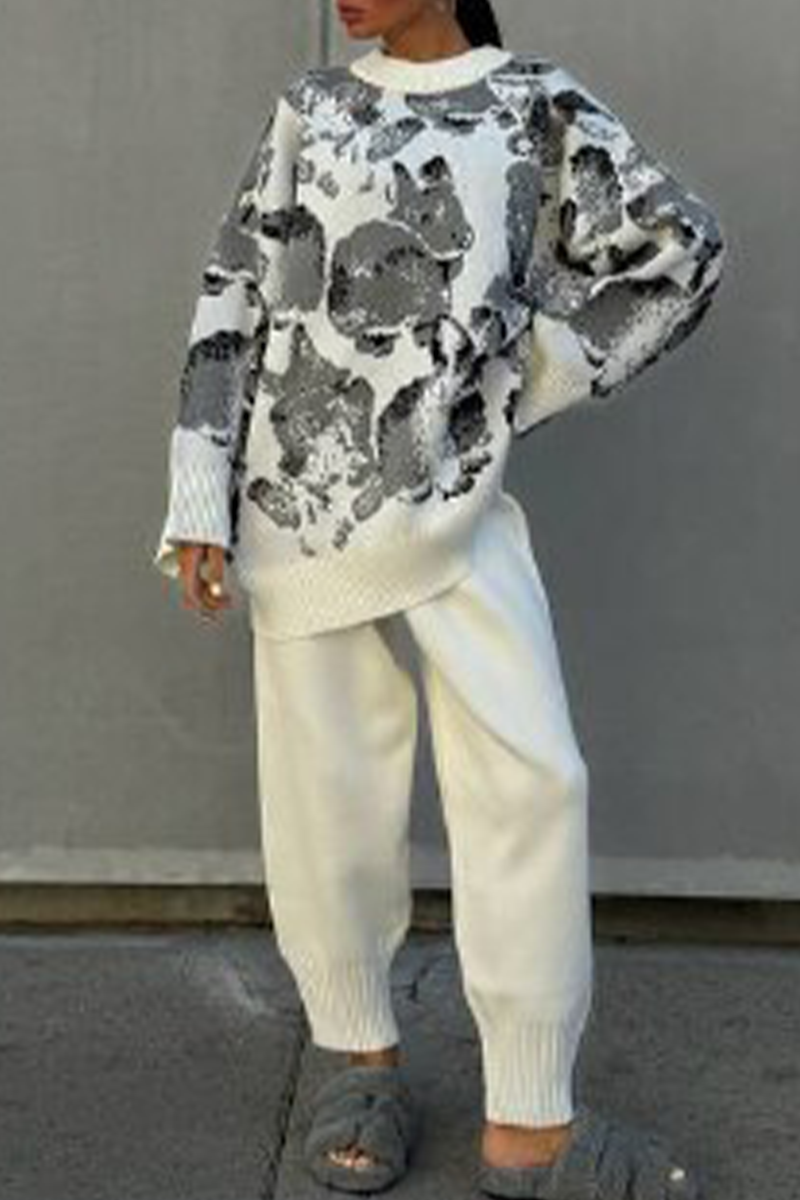 Geometric Print Weave Contrast O Neck Long Sleeve Two Pieces
