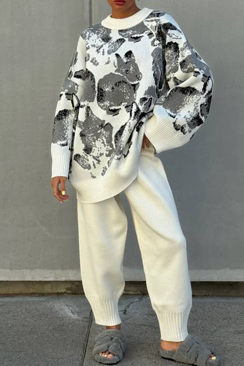 Geometric Print Weave Contrast O Neck Long Sleeve Two Pieces