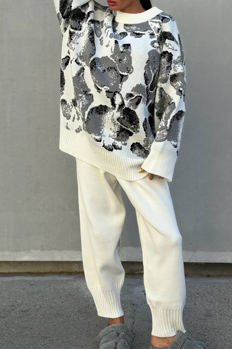 Geometric Print Weave Contrast O Neck Long Sleeve Two Pieces