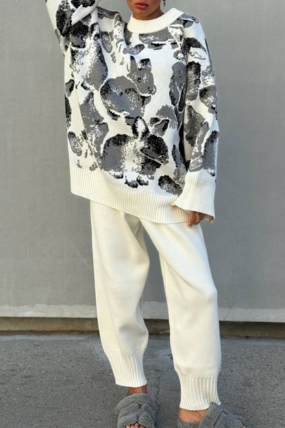 Geometric Print Weave Contrast O Neck Long Sleeve Two Pieces