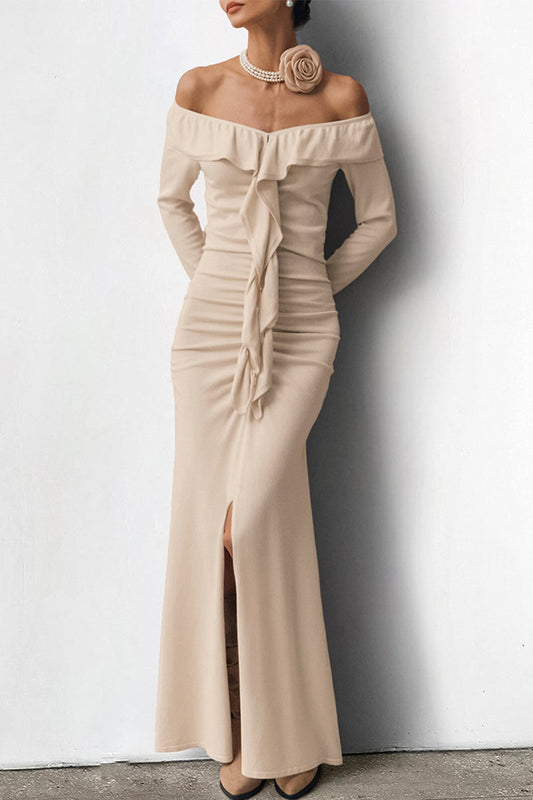 Ruffle Slit Off Shoulder One Step Skirt Dresses
