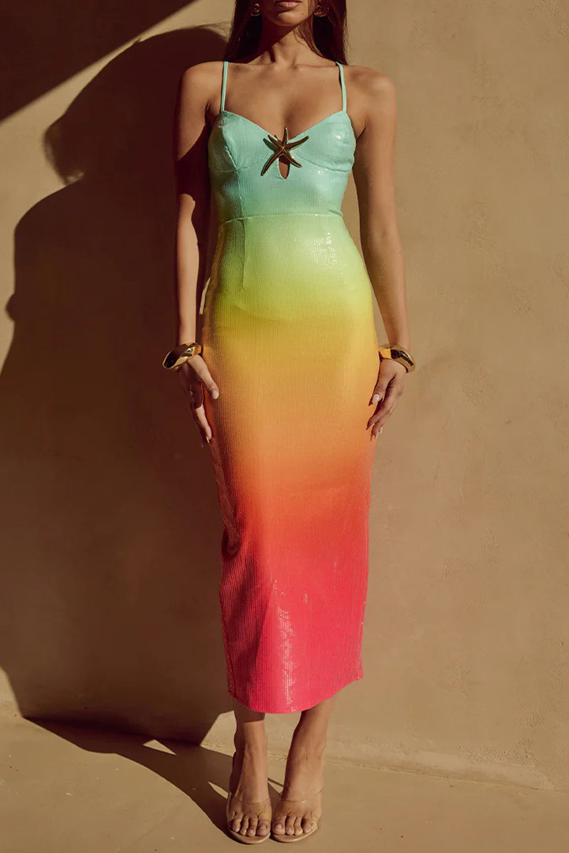 Gradient Color Sequins V Neck One Step Skirt Dresses(5 Colors)