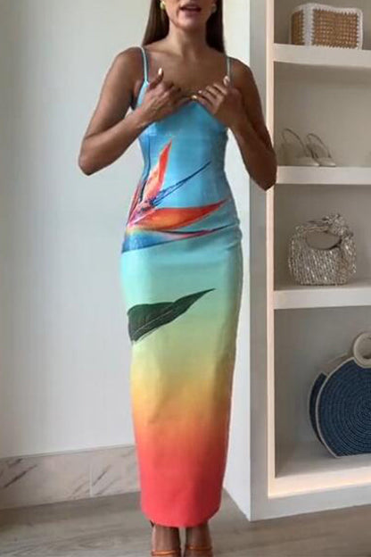 Vacation Flowers Sequins U Neck One Step Skirt Dresses