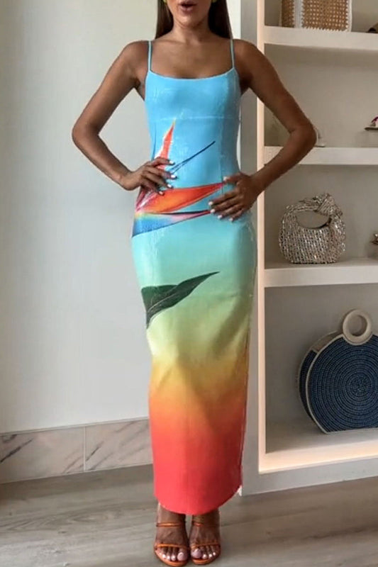 Vacation Flowers Sequins U Neck One Step Skirt Dresses