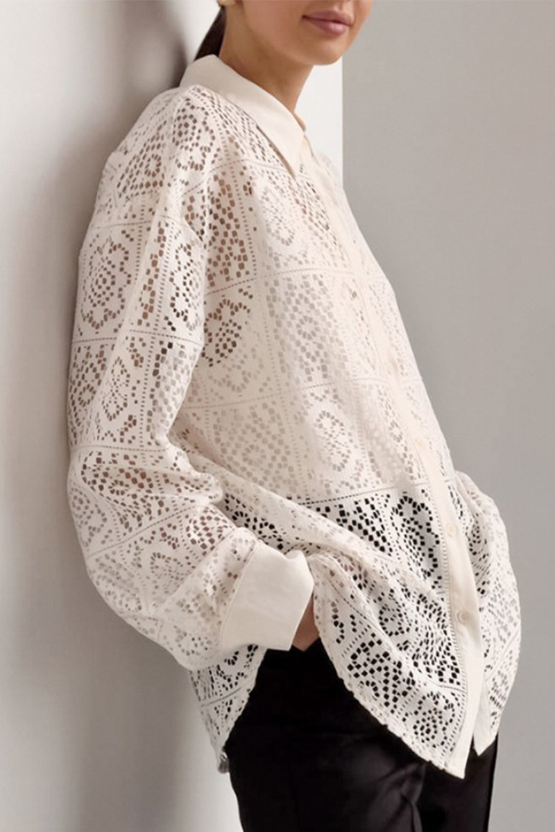 Hollow Out See-through Turndown Collar Blouses