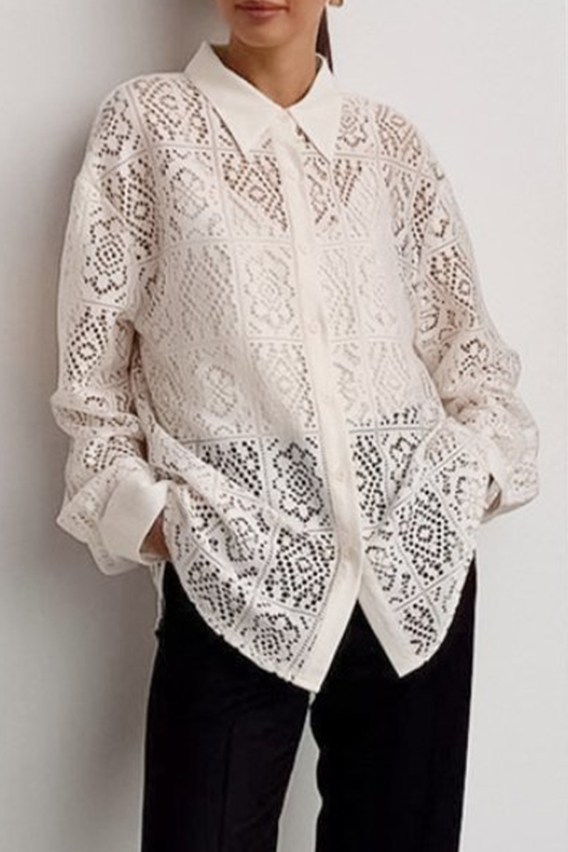 Hollow Out See-through Turndown Collar Blouses