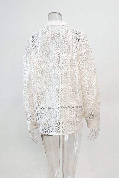 Hollow Out See-through Turndown Collar Blouses