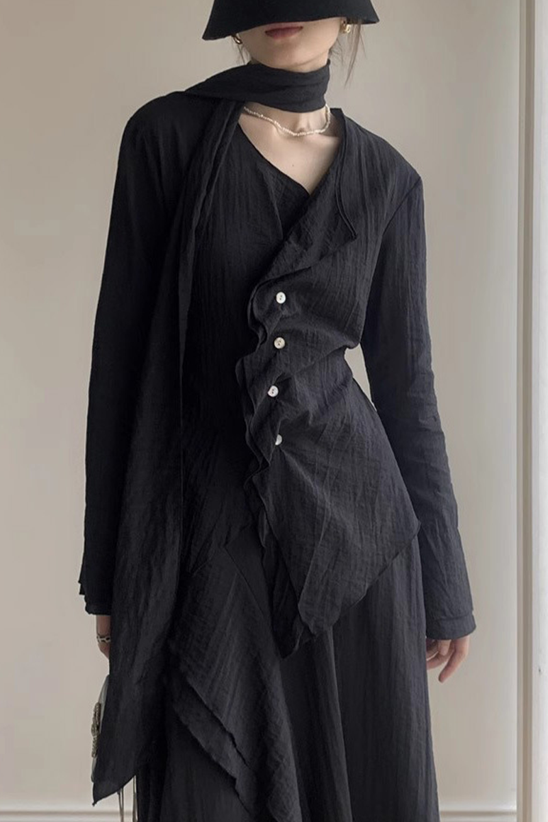 Buttons Ruched V Neck Blouses