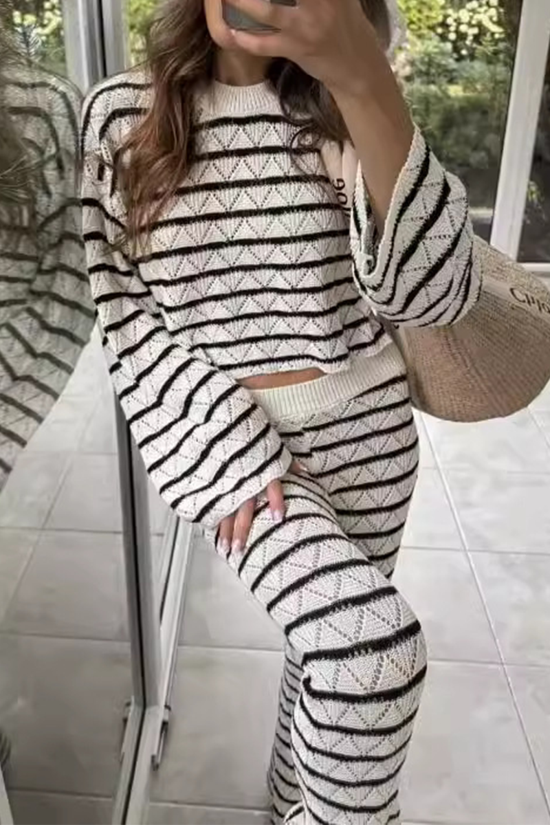 Stripe Weave Contrast O Neck Long Sleeve Two Pieces