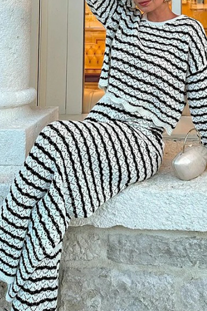 Stripe Weave Contrast O Neck Long Sleeve Two Pieces