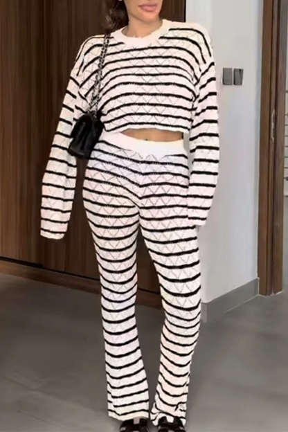Stripe Weave Contrast O Neck Long Sleeve Two Pieces