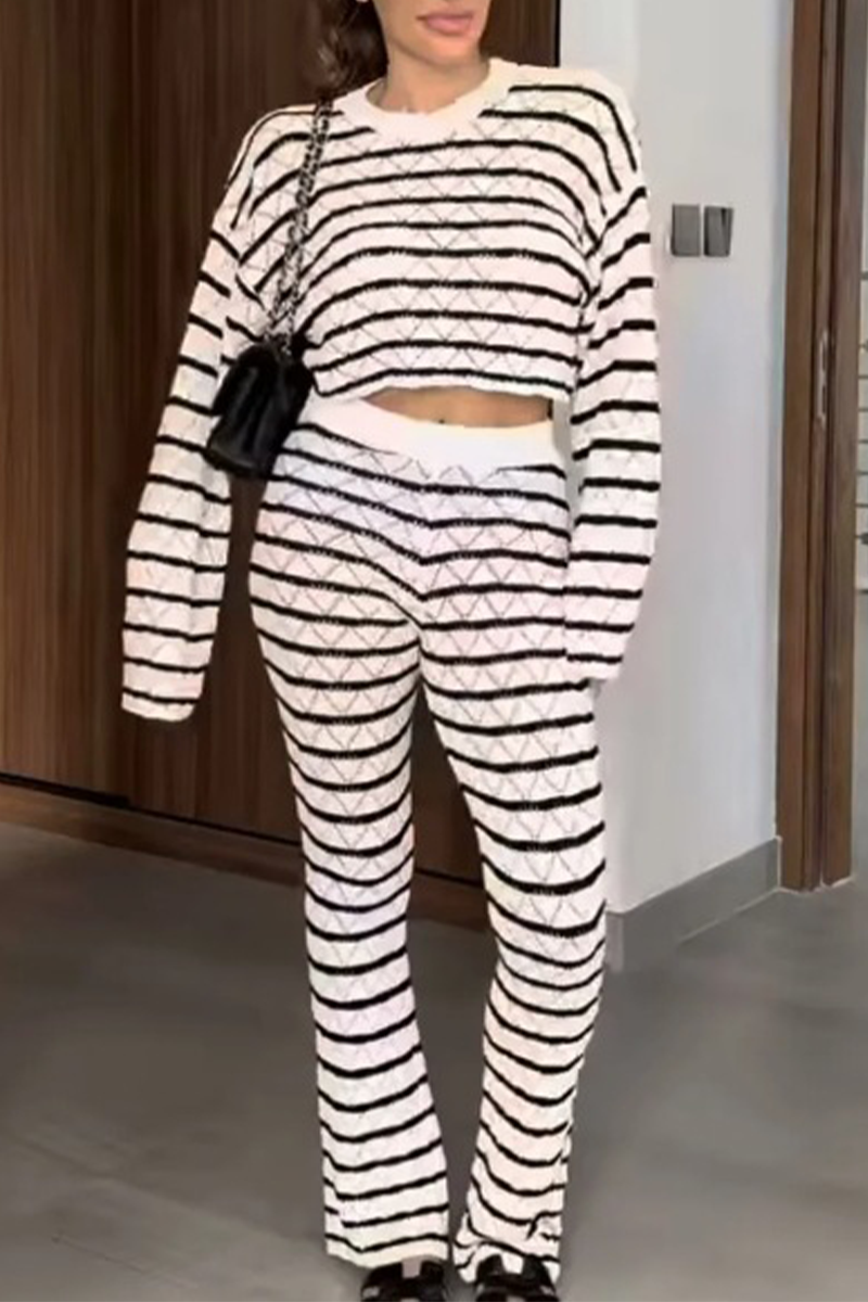 Stripe Weave Contrast O Neck Long Sleeve Two Pieces