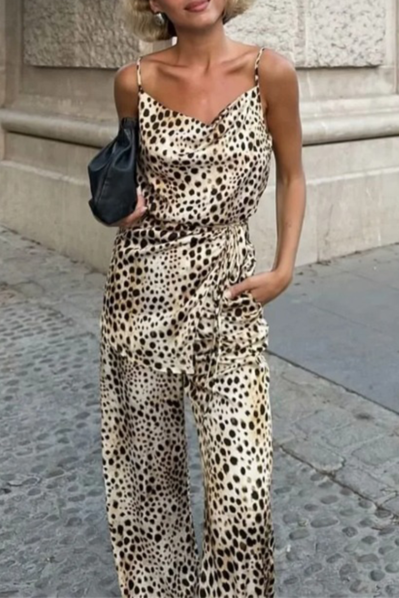 Street Leopard Print Lace Up V Neck Sleeveless Two Pieces