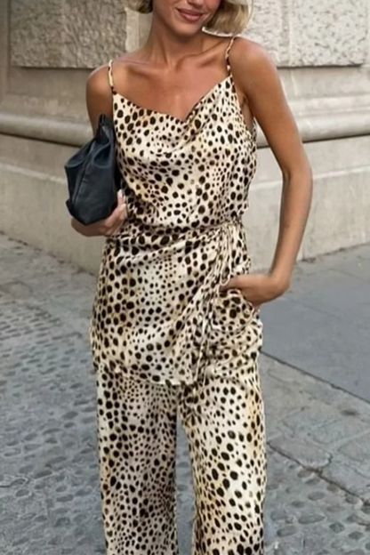Street Leopard Print Lace Up V Neck Sleeveless Two Pieces