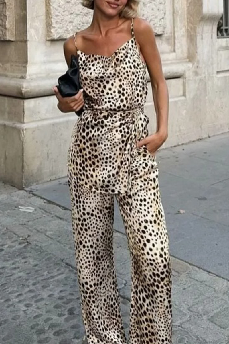 Street Leopard Print Lace Up V Neck Sleeveless Two Pieces