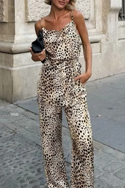 Street Leopard Print Lace Up V Neck Sleeveless Two Pieces