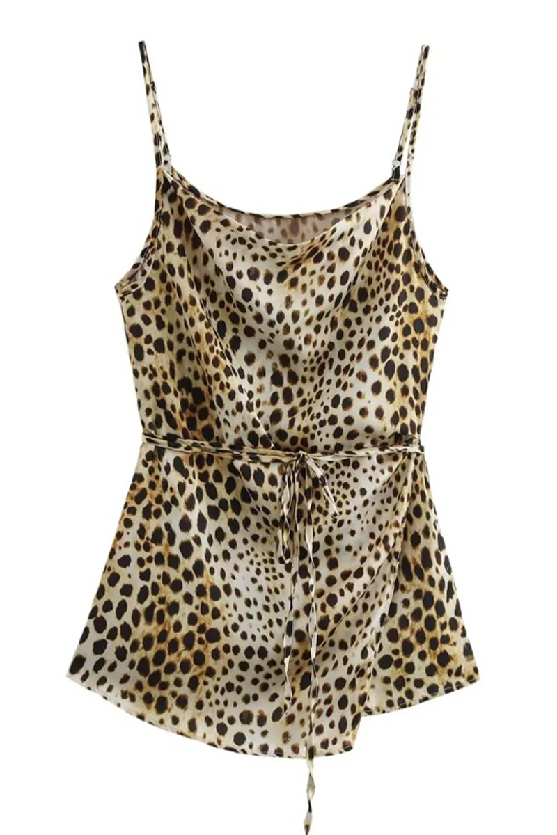 Street Leopard Print Lace Up V Neck Sleeveless Two Pieces