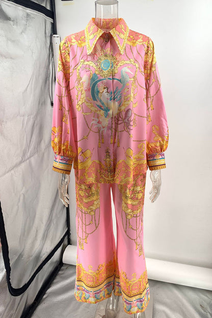Street Geometric Print Pocket Contrast Turndown Collar Long Sleeve Two Pieces