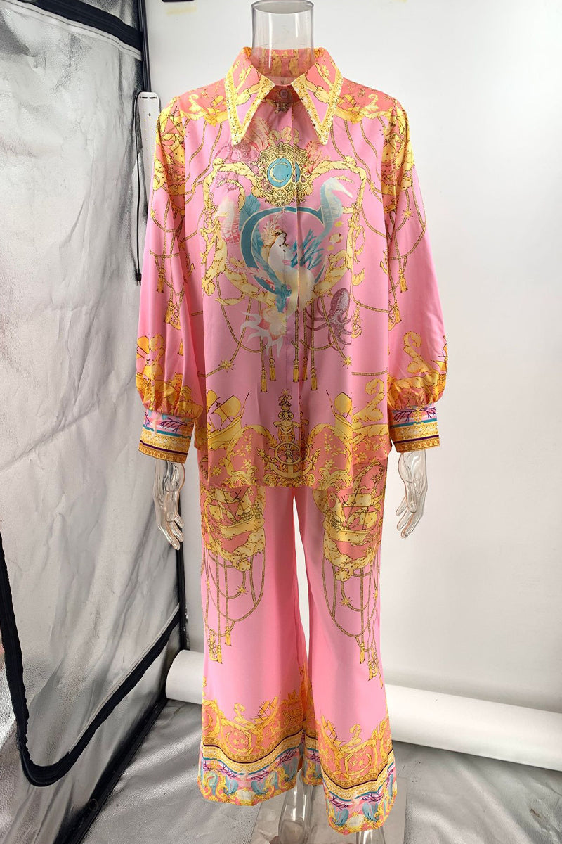 Street Geometric Print Pocket Contrast Turndown Collar Long Sleeve Two Pieces