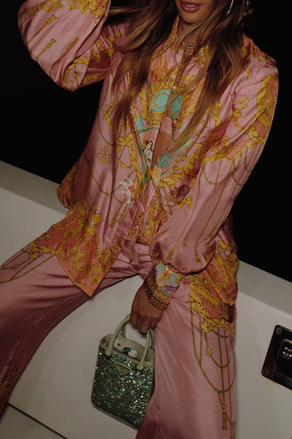 Street Geometric Print Pocket Contrast Turndown Collar Long Sleeve Two Pieces