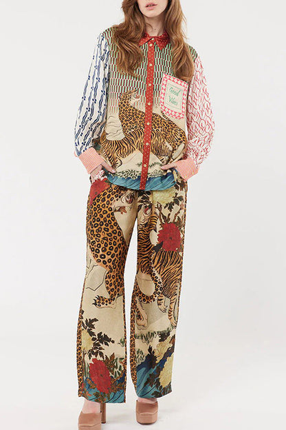 Street Leopard Print Buttons Contrast Turndown Collar Long Sleeve Two Pieces