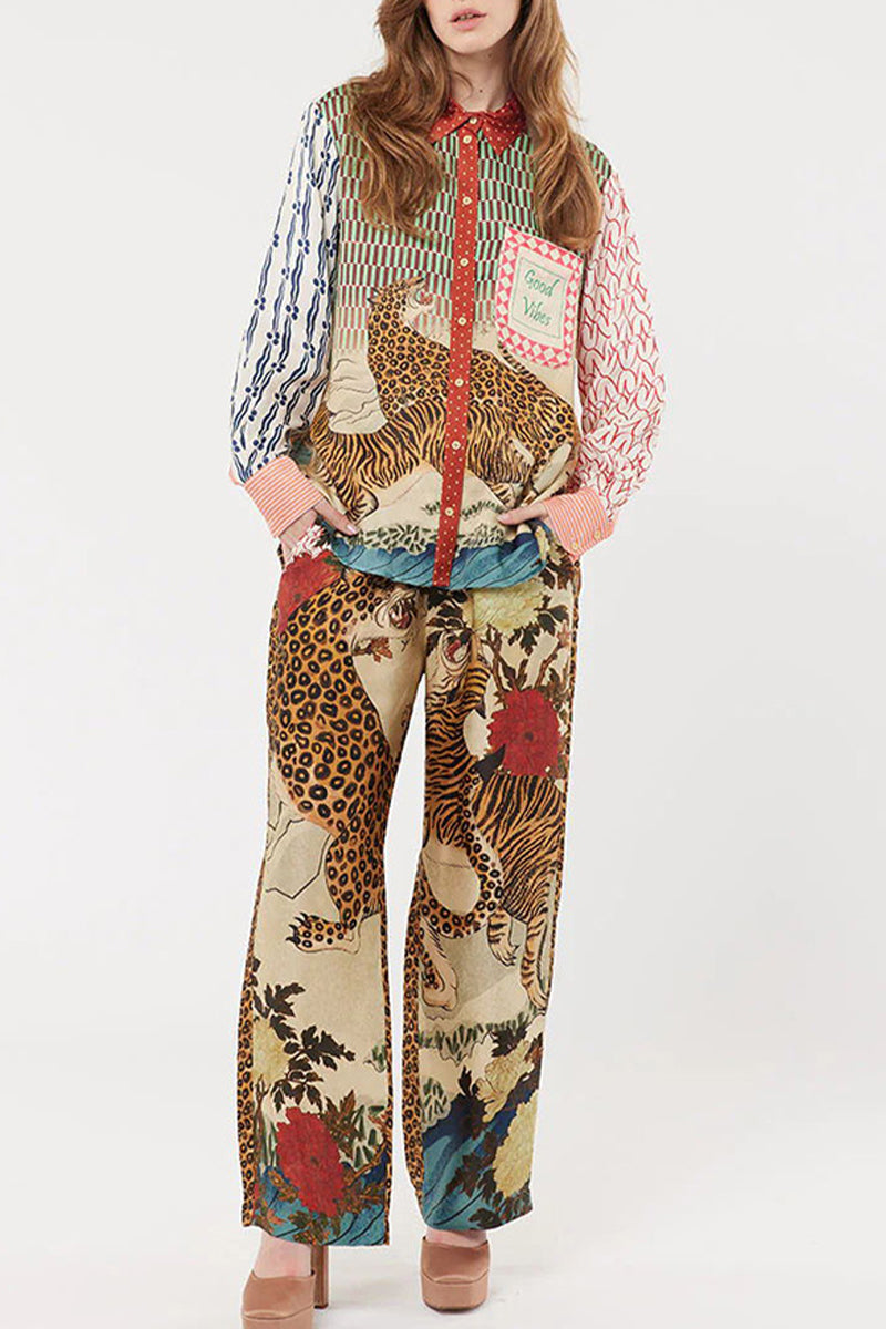 Street Leopard Print Buttons Contrast Turndown Collar Long Sleeve Two Pieces
