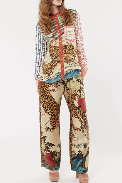 Street Leopard Print Buttons Contrast Turndown Collar Long Sleeve Two Pieces