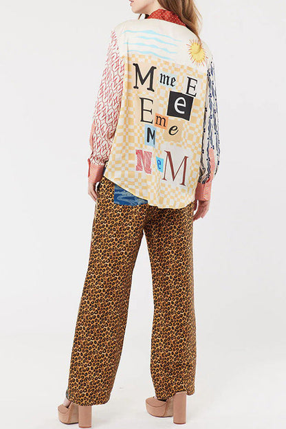 Street Leopard Print Buttons Contrast Turndown Collar Long Sleeve Two Pieces
