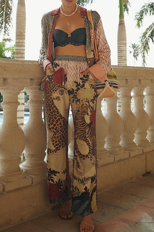 Street Leopard Print Buttons Contrast Turndown Collar Long Sleeve Two Pieces