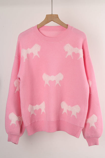 Street Bow Weave Contrast O Neck Sweaters(4 Colors)