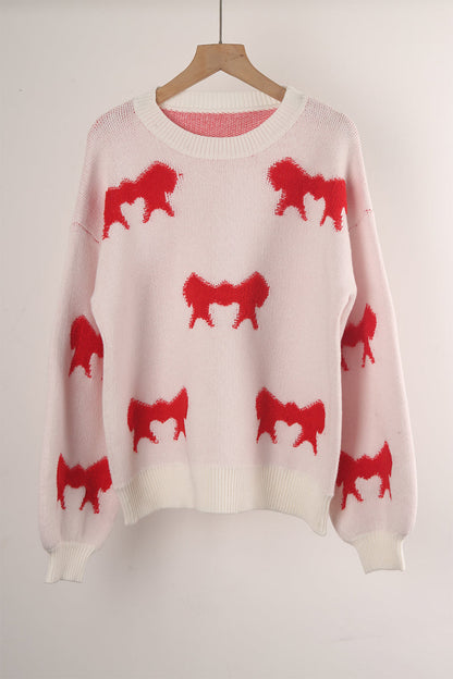 Street Bow Weave Contrast O Neck Sweaters(4 Colors)