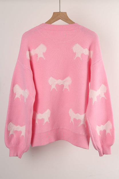 Street Bow Weave Contrast O Neck Sweaters(4 Colors)
