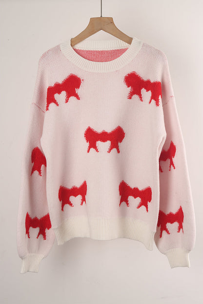 Street Bow Weave Contrast O Neck Sweaters(4 Colors)
