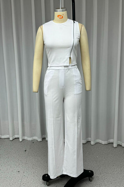 Street Pocket Zipper O Neck Sleeveless Two Pieces
