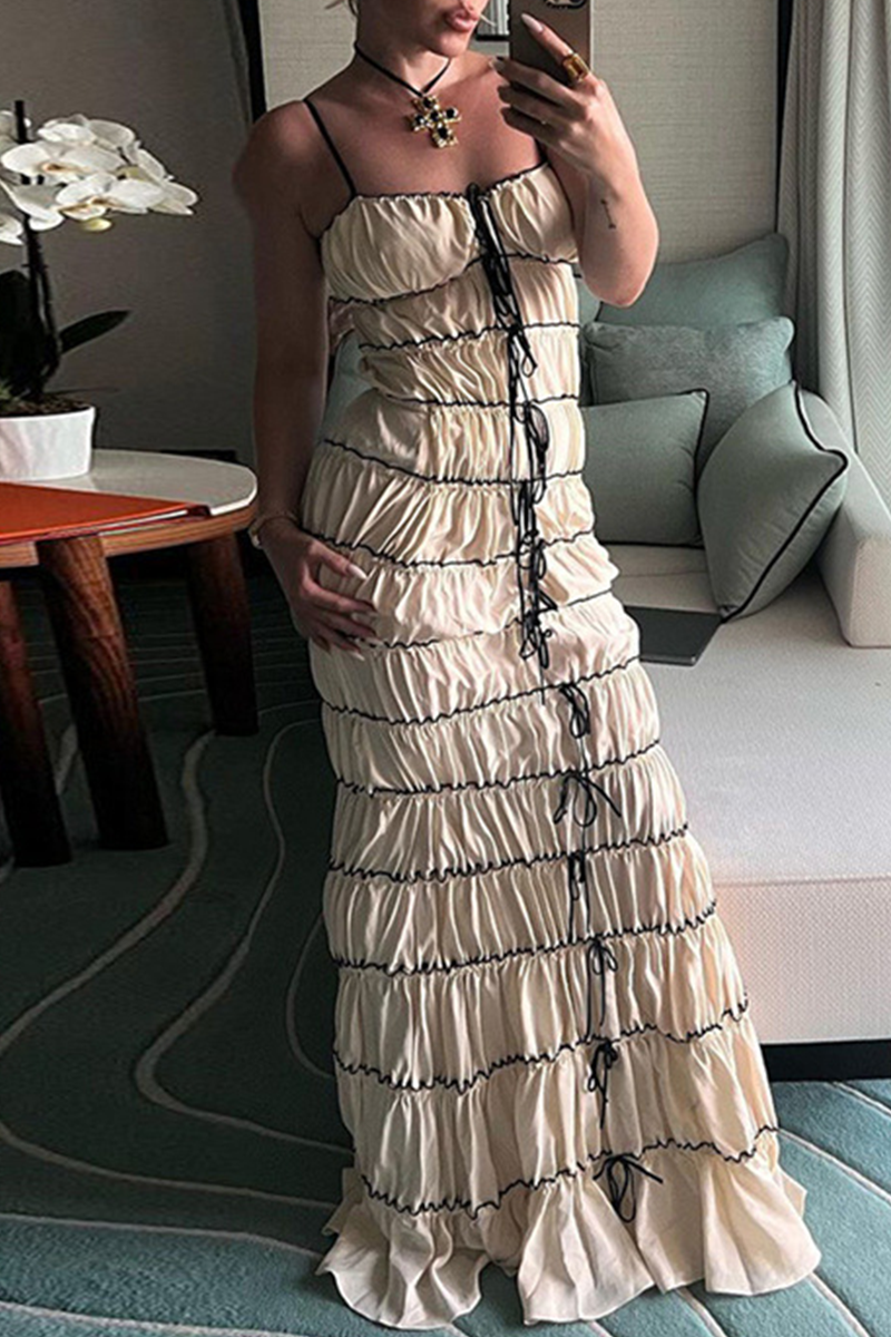Lace Up Contrast V Neck Long Dresses