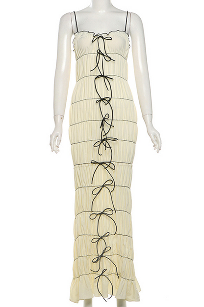 Lace Up Contrast V Neck Long Dresses