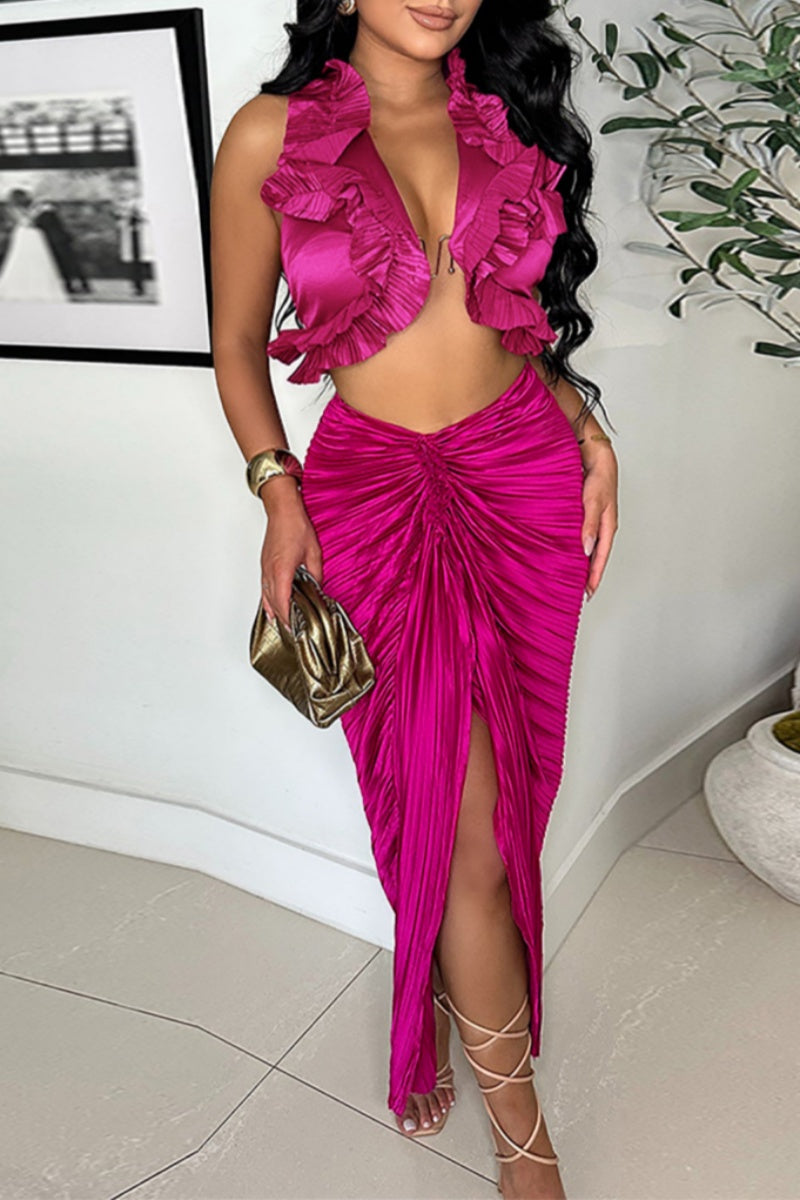 Color Backless Slit Halter Sleeveless Two Pieces