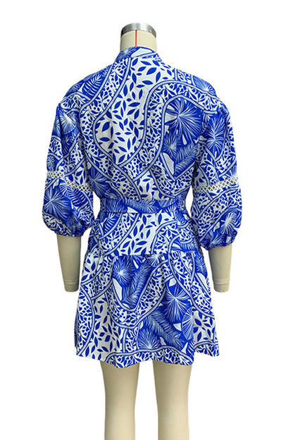 Vacation Print Lace Up Mandarin Collar Waist Skirt Dresses