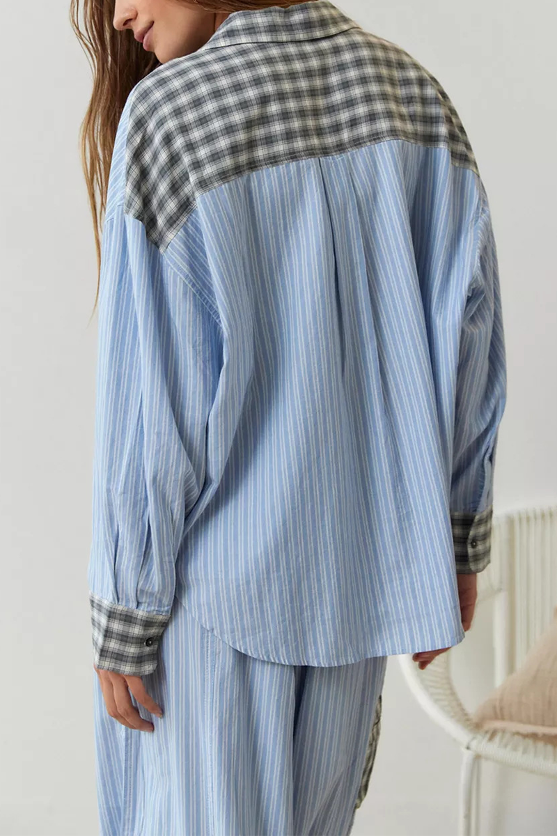 Plaid Draw String Pocket Contrast Turndown Collar Long Sleeve Two Pieces