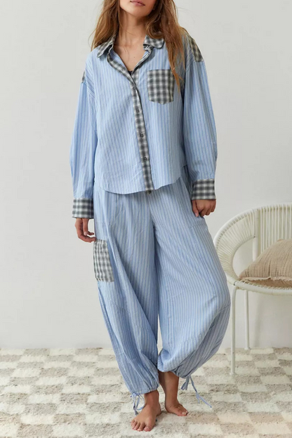 Plaid Draw String Pocket Contrast Turndown Collar Long Sleeve Two Pieces