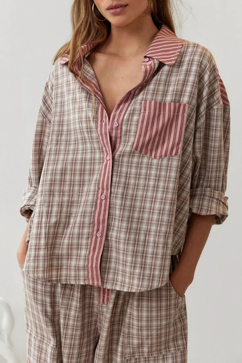 Plaid Draw String Pocket Contrast Turndown Collar Long Sleeve Two Pieces