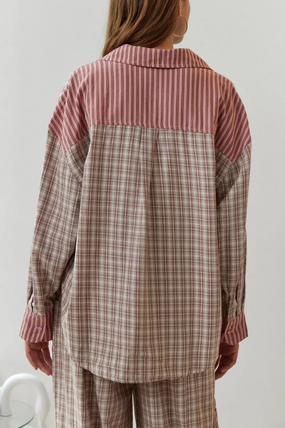 Plaid Draw String Pocket Contrast Turndown Collar Long Sleeve Two Pieces