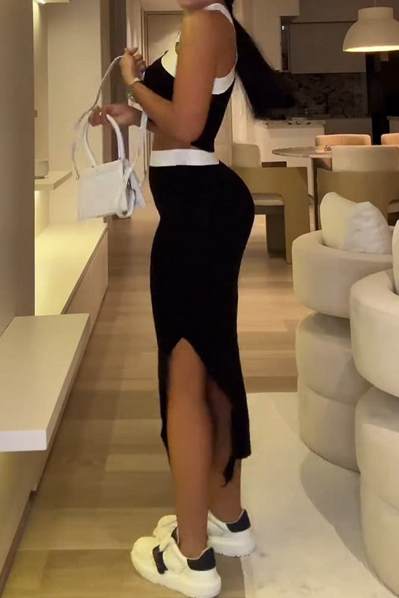 Slit Contrast Halter Sleeveless Two Pieces