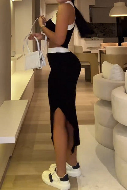 Slit Contrast Halter Sleeveless Two Pieces