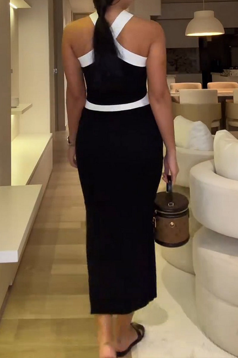 Slit Contrast Halter Sleeveless Two Pieces