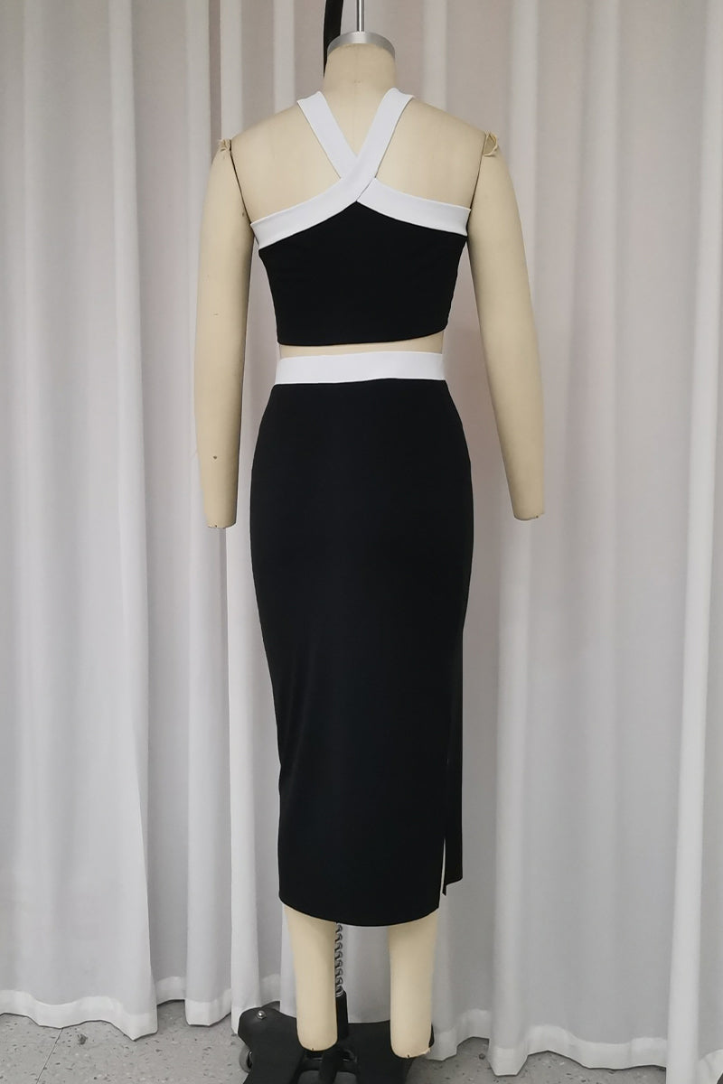Slit Contrast Halter Sleeveless Two Pieces