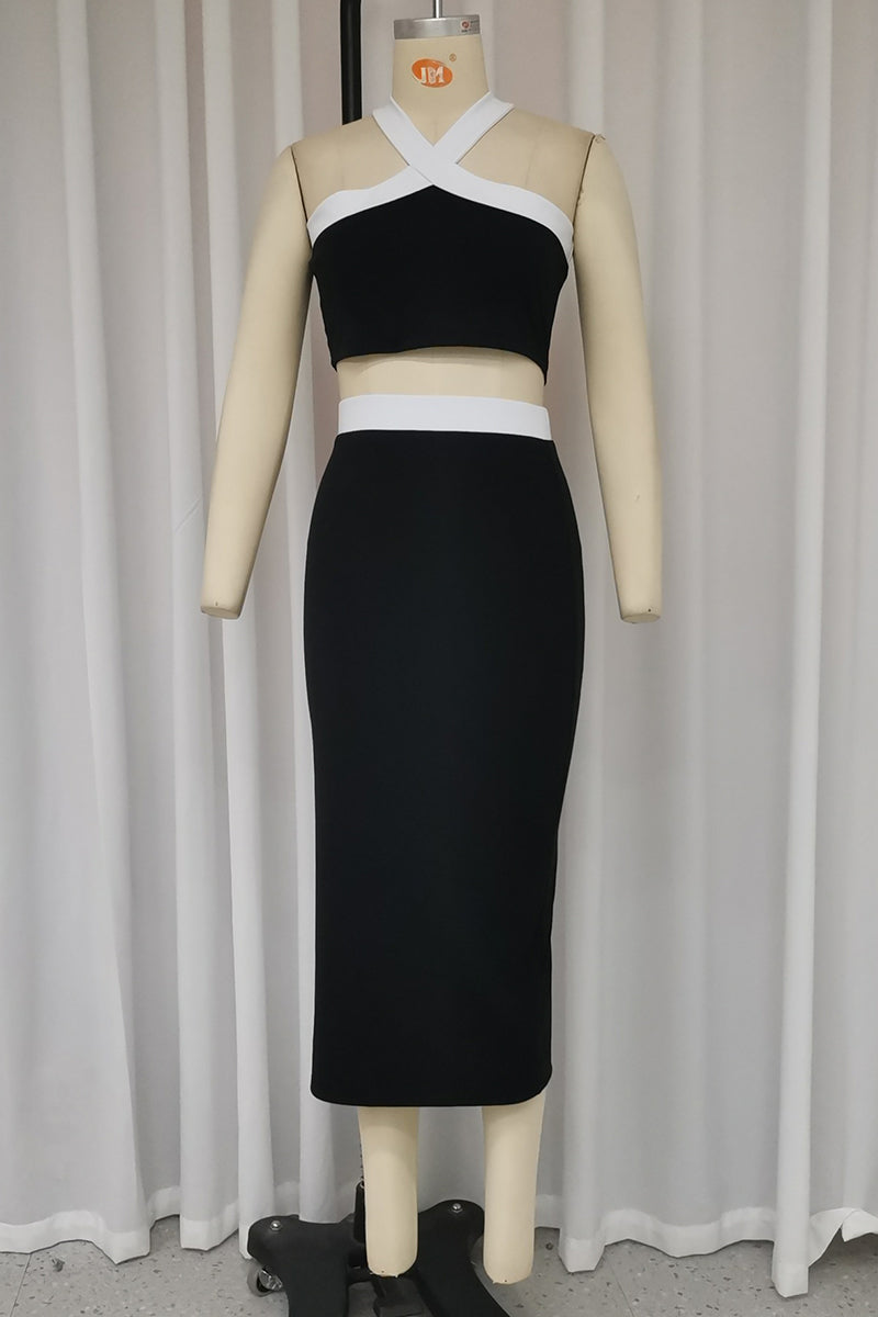 Slit Contrast Halter Sleeveless Two Pieces