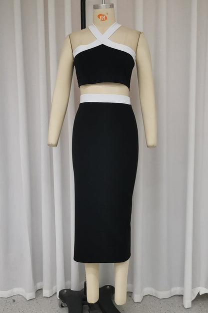 Slit Contrast Halter Sleeveless Two Pieces