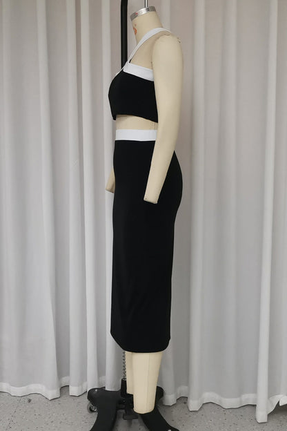 Slit Contrast Halter Sleeveless Two Pieces